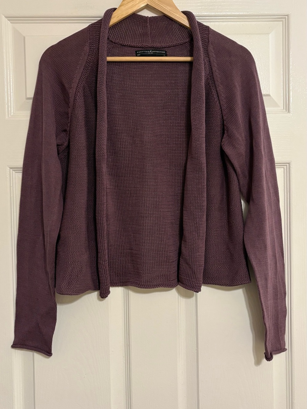 Peruvian Connection 100% Cotton Knit Open Front Rolled  Edges Cardigan Plum  L